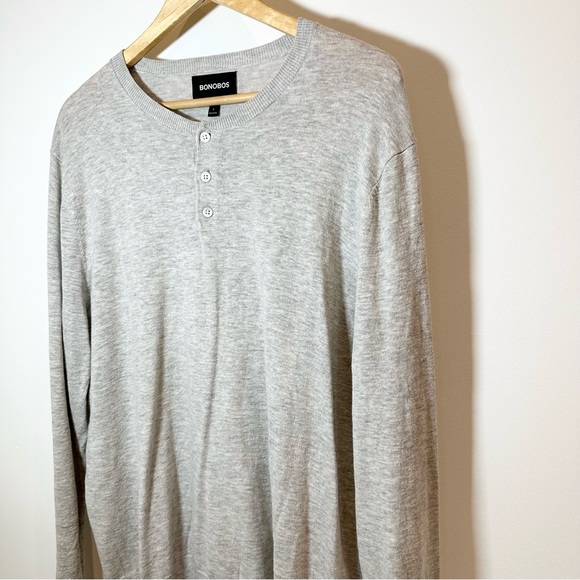 Men's Large Bonobos Henley Sweater  Grey Beige Heathered Preppy Casual Slim Top - Picture 2 of 9